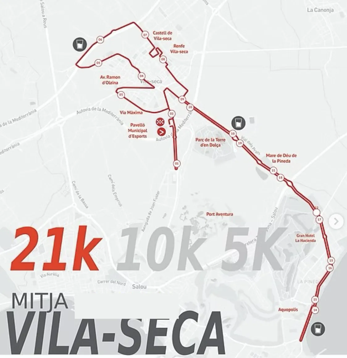 Mapa del recorregut de la Mitja Marató 21K per Vila-Seca, La Pineda i la costa