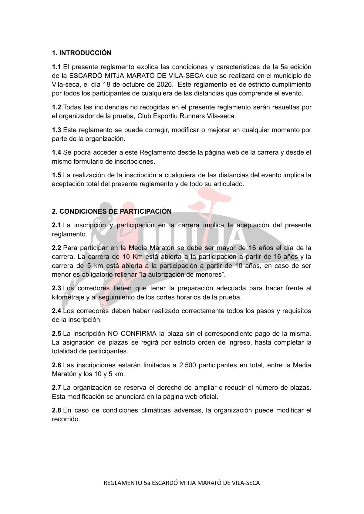 Primera pàgina del reglament oficial de la V Escardó Mitja Marató